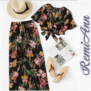 Plus Floral Print Blouse With Pants